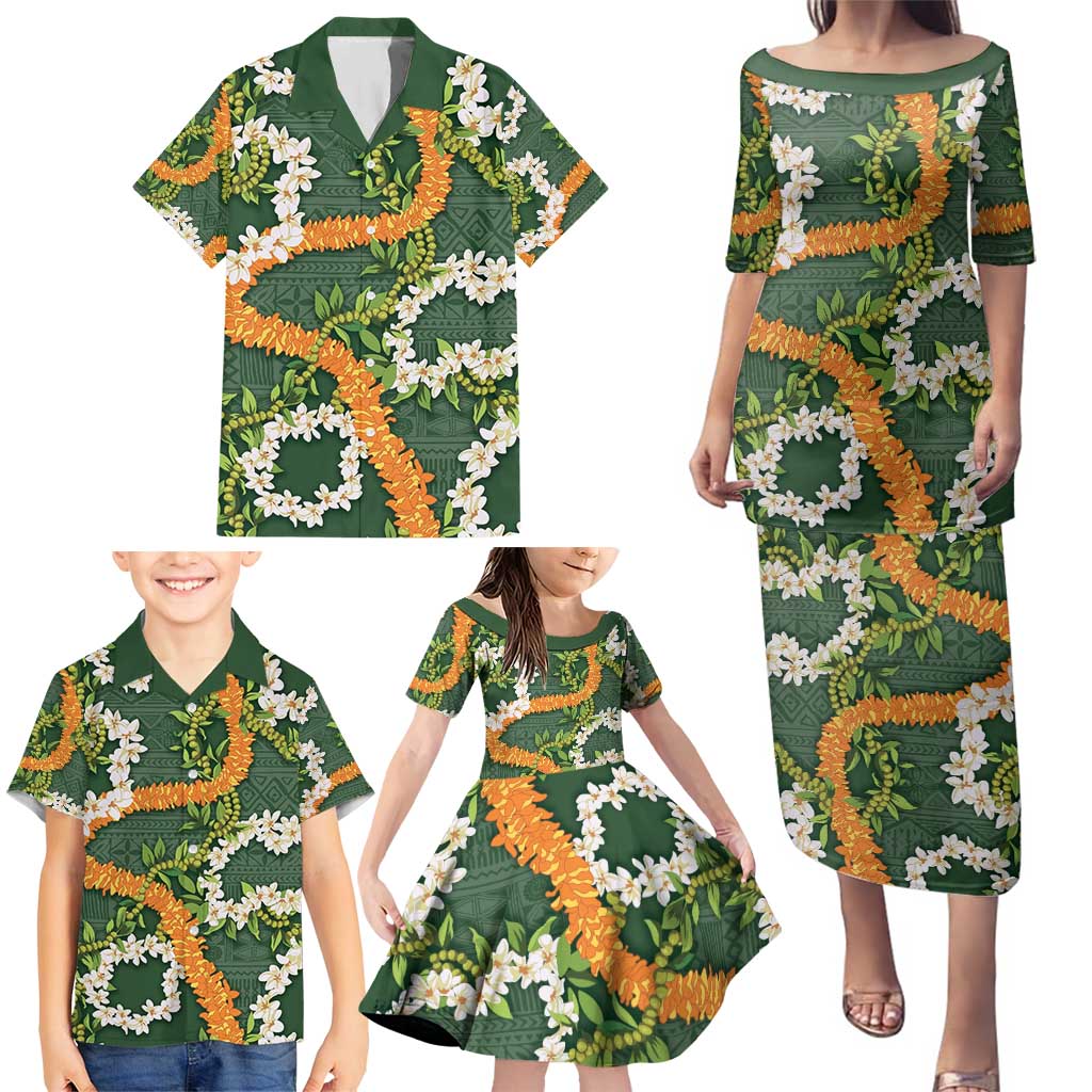 Aloha Festive Hawaii Family Matching Puletasi and Hawaiian Shirt Mokihana - Maile and Ilima on Forest Green - Polynesian Pride