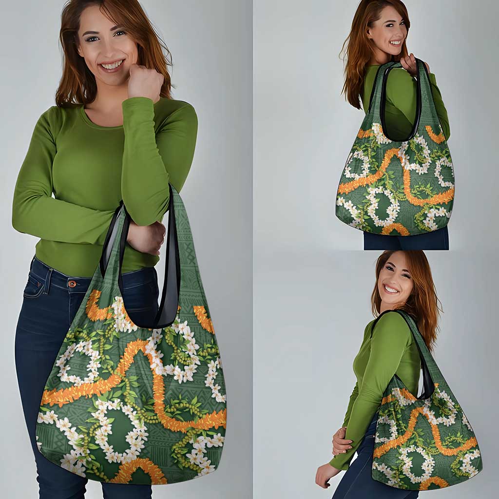 Aloha Festive Hawaii Grocery Bag Mokihana - Maile and Ilima on Forest Green - Polynesian Pride