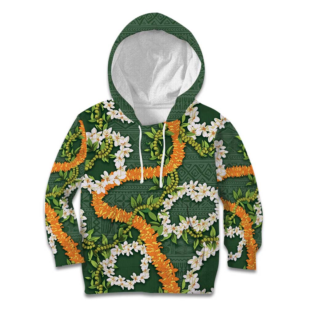 Aloha Festive Hawaii Kid Hoodie Mokihana - Maile and Ilima on Forest Green - Polynesian Pride