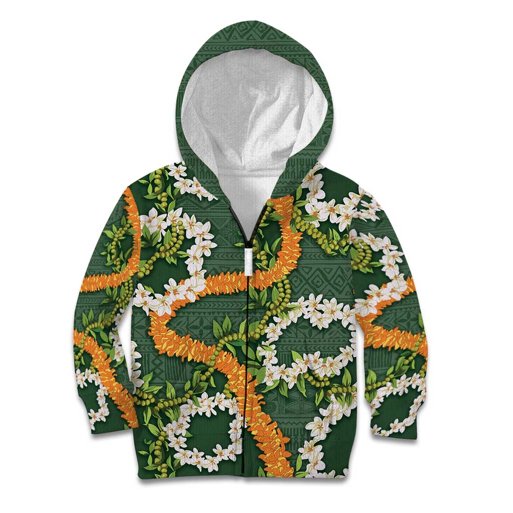 Aloha Festive Hawaii Kid Hoodie Mokihana - Maile and Ilima on Forest Green - Polynesian Pride