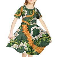 Aloha Festive Hawaii Kid Short Sleeve Dress Mokihana - Maile and Ilima on Forest Green - Polynesian Pride