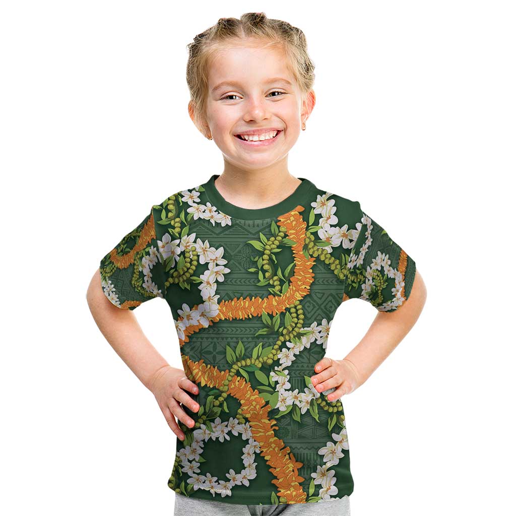 Aloha Festive Hawaii Kid T Shirt Mokihana - Maile and Ilima on Forest Green - Polynesian Pride