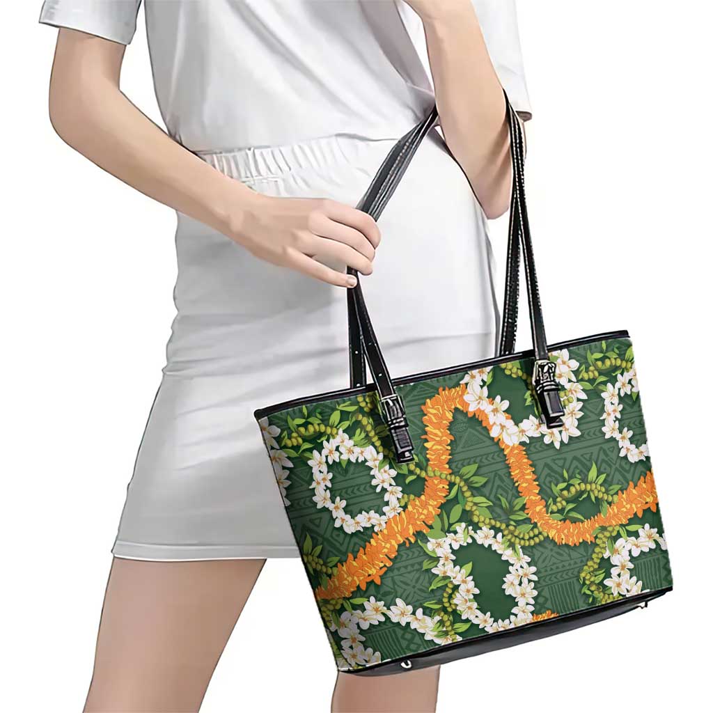 Aloha Festive Hawaii Leather Tote Bag Mokihana - Maile and Ilima on Forest Green - Polynesian Pride
