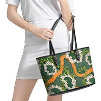 Aloha Festive Hawaii Leather Tote Bag Mokihana - Maile and Ilima on Forest Green - Polynesian Pride
