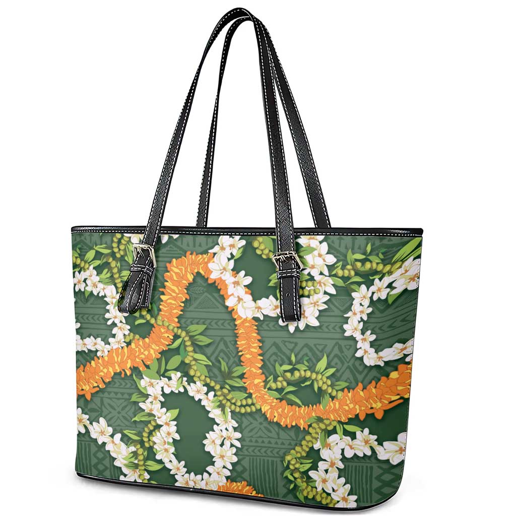 Aloha Festive Hawaii Leather Tote Bag Mokihana - Maile and Ilima on Forest Green - Polynesian Pride