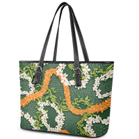 Aloha Festive Hawaii Leather Tote Bag Mokihana - Maile and Ilima on Forest Green - Polynesian Pride