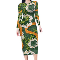Aloha Festive Hawaii Long Sleeve Bodycon Dress Mokihana - Maile and Ilima on Forest Green LT7 Long Dress Forest Green - Polynesian Pride