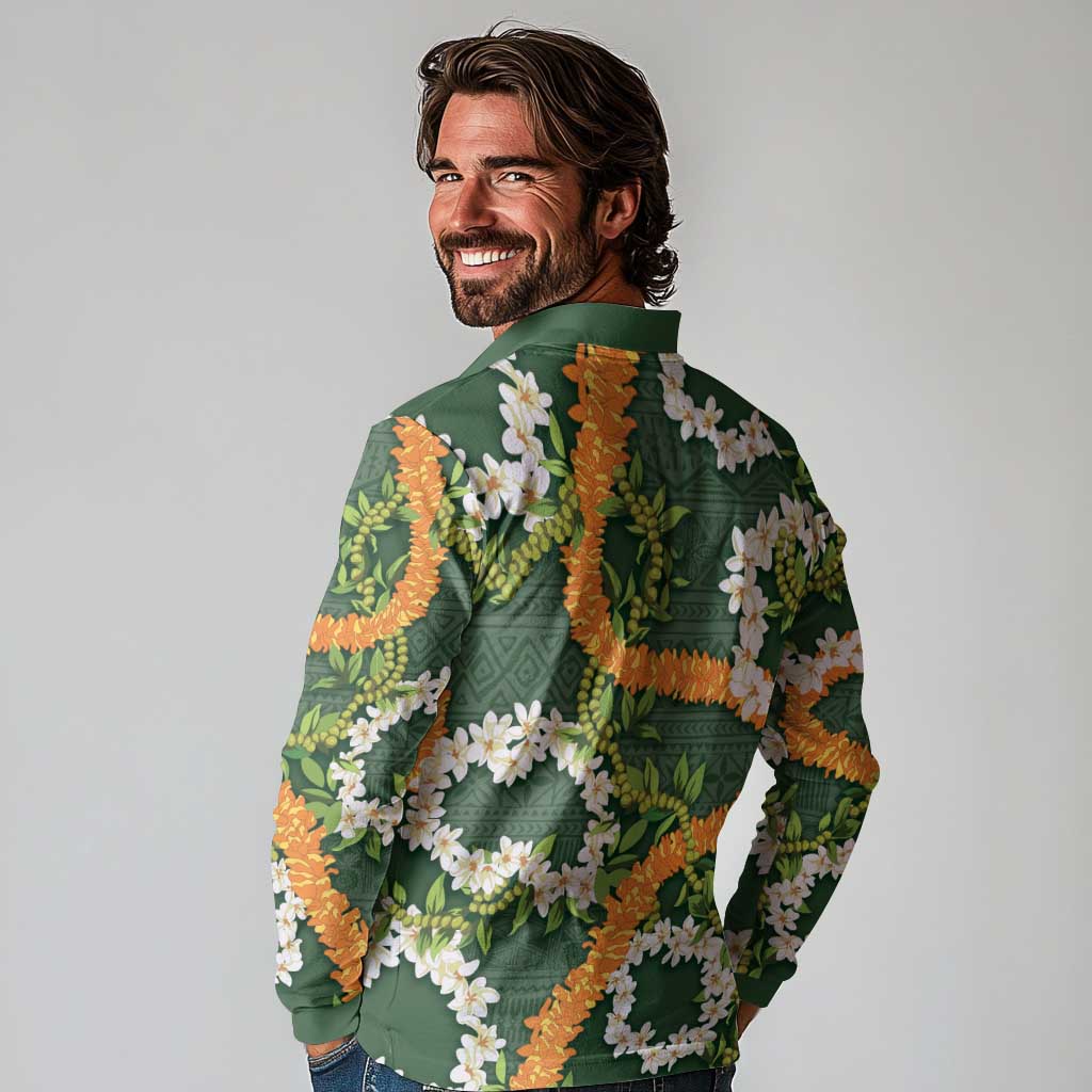 Aloha Festive Hawaii Long Sleeve Polo Shirt Mokihana - Maile and Ilima on Forest Green - Polynesian Pride