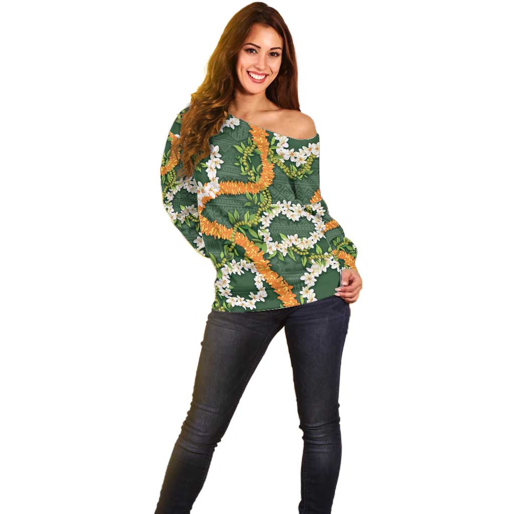 Aloha Festive Hawaii Off Shoulder Sweater Mokihana - Maile and Ilima on Forest Green - Polynesian Pride