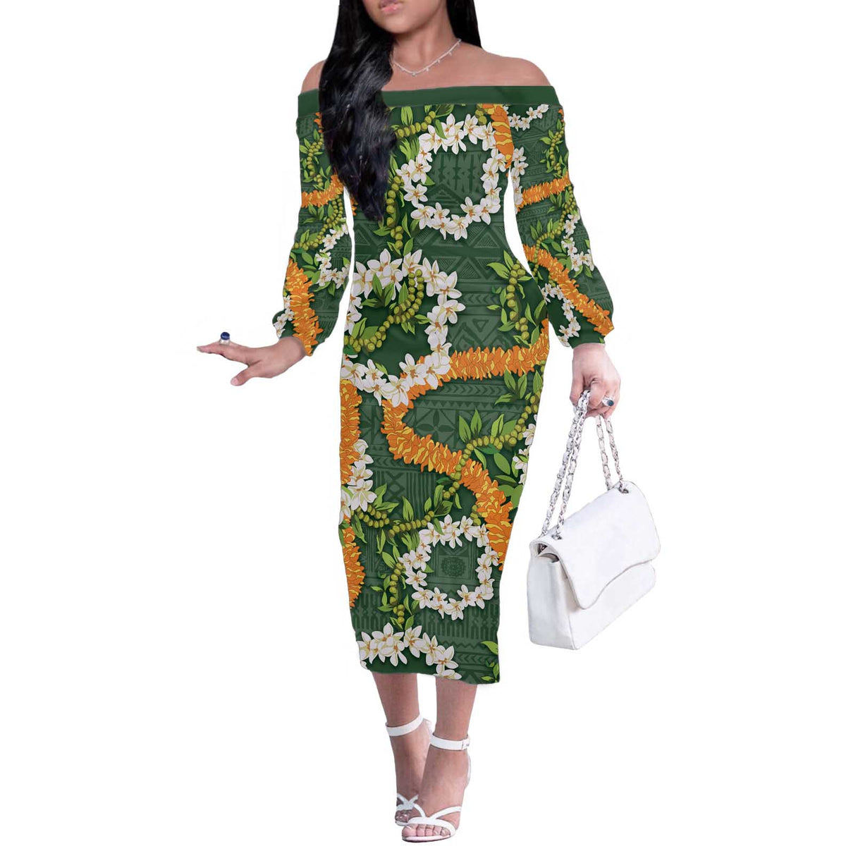 Aloha Festive Hawaii Off The Shoulder Long Sleeve Dress Mokihana - Maile and Ilima on Forest Green - Polynesian Pride