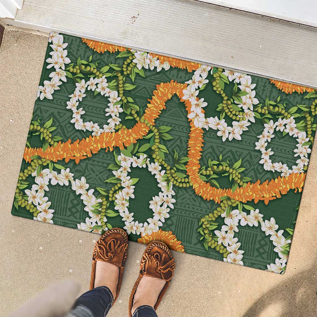 Aloha Festive Hawaii Rubber Doormat Mokihana - Maile and Ilima on Forest Green - Polynesian Pride