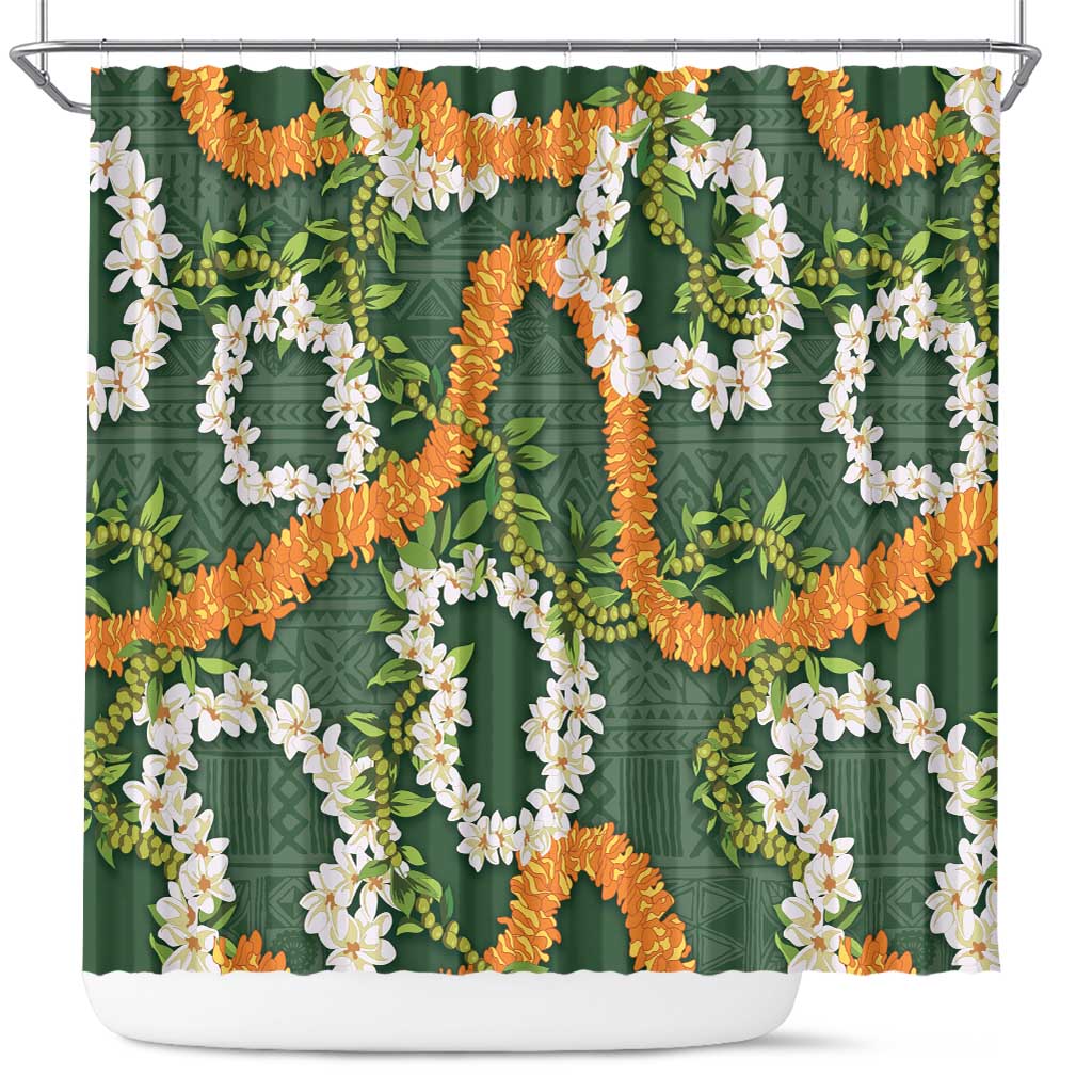 Aloha Festive Hawaii Shower Curtain Mokihana - Maile and Ilima on Forest Green - Polynesian Pride