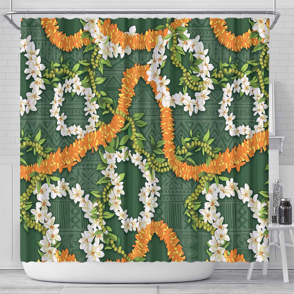 Aloha Festive Hawaii Shower Curtain Mokihana - Maile and Ilima on Forest Green - Polynesian Pride