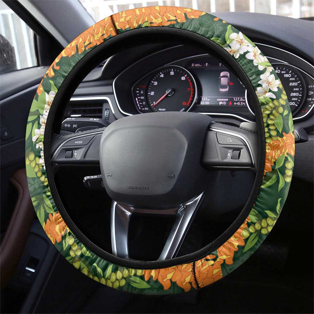 Aloha Festive Hawaii Steering Wheel Cover Mokihana - Maile and Ilima on Forest Green - Polynesian Pride