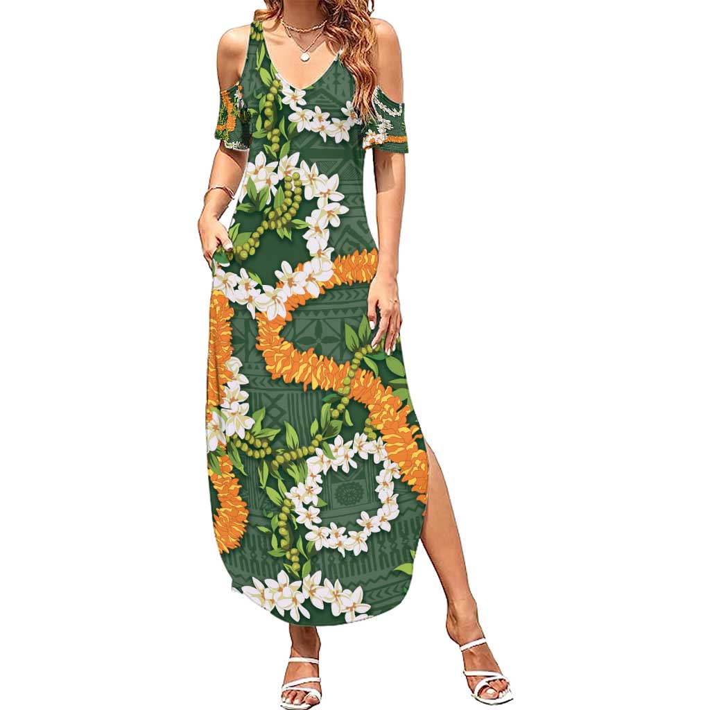 Aloha Festive Hawaii Summer Maxi Dress Mokihana - Maile and Ilima on Forest Green - Polynesian Pride