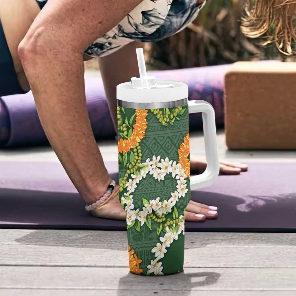 Aloha Festive Hawaii Tumbler With Handle Mokihana - Maile and Ilima on Forest Green - Polynesian Pride