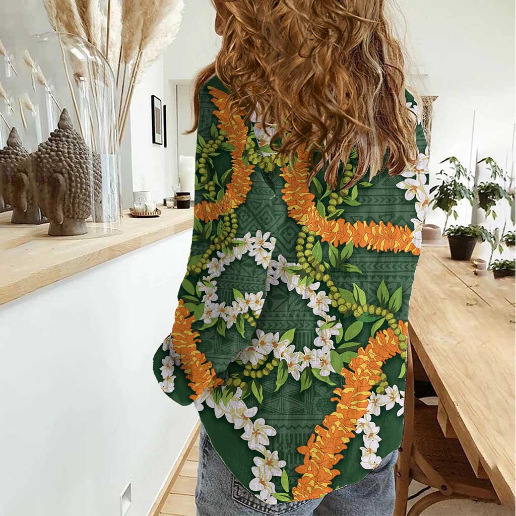 Aloha Festive Hawaii Women Casual Shirt Mokihana - Maile and Ilima on Forest Green - Polynesian Pride
