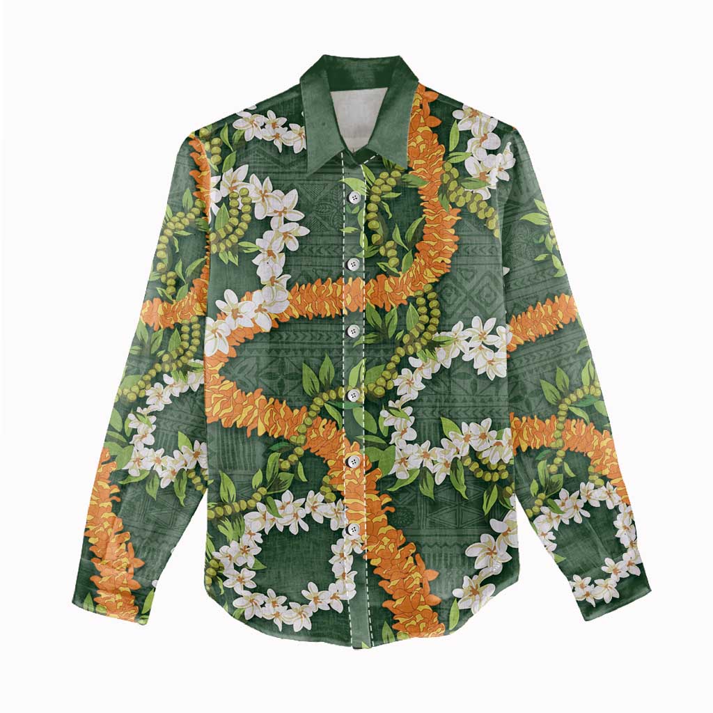 Aloha Festive Hawaii Women Casual Shirt Mokihana - Maile and Ilima on Forest Green - Polynesian Pride