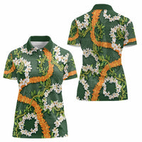 Aloha Festive Hawaii Women Polo Shirt Mokihana - Maile and Ilima on Forest Green - Polynesian Pride