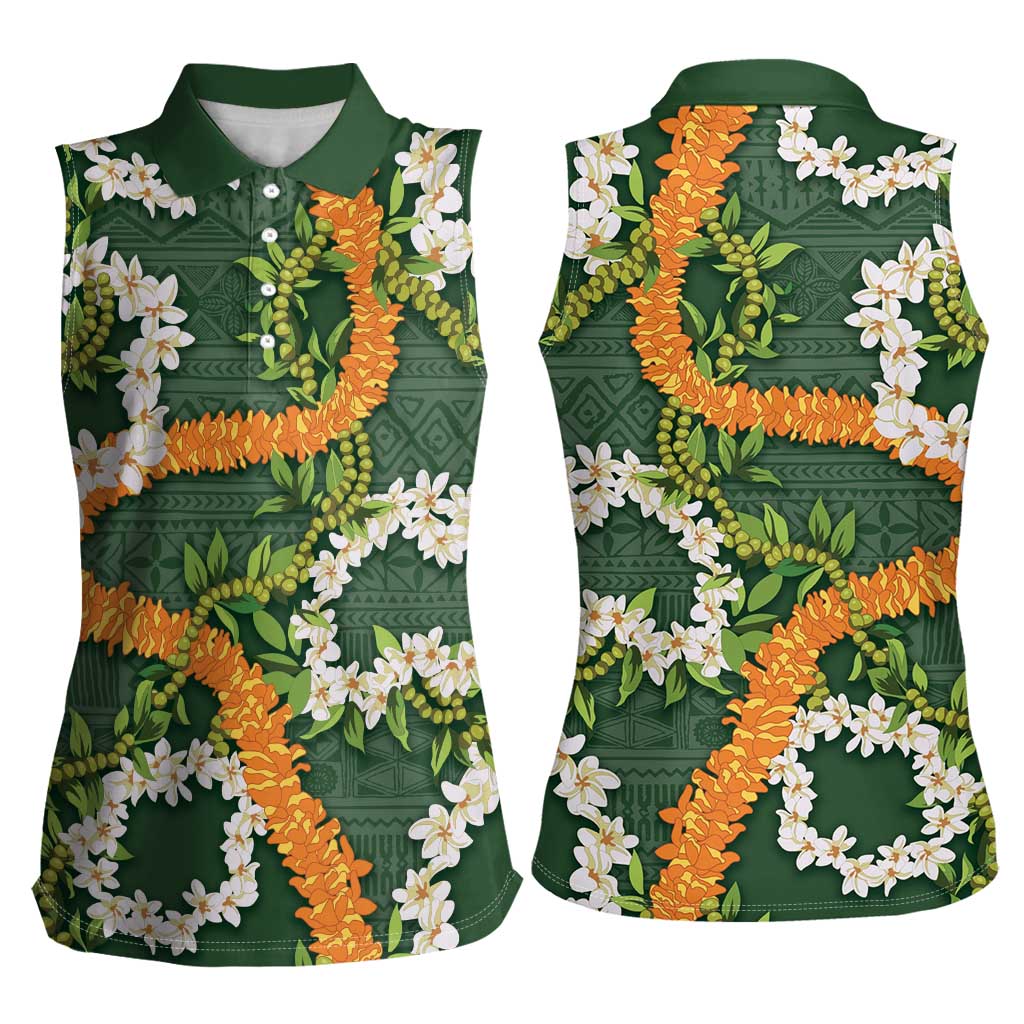 Aloha Festive Hawaii Women Sleeveless Polo Shirt Mokihana - Maile and Ilima on Forest Green - Polynesian Pride