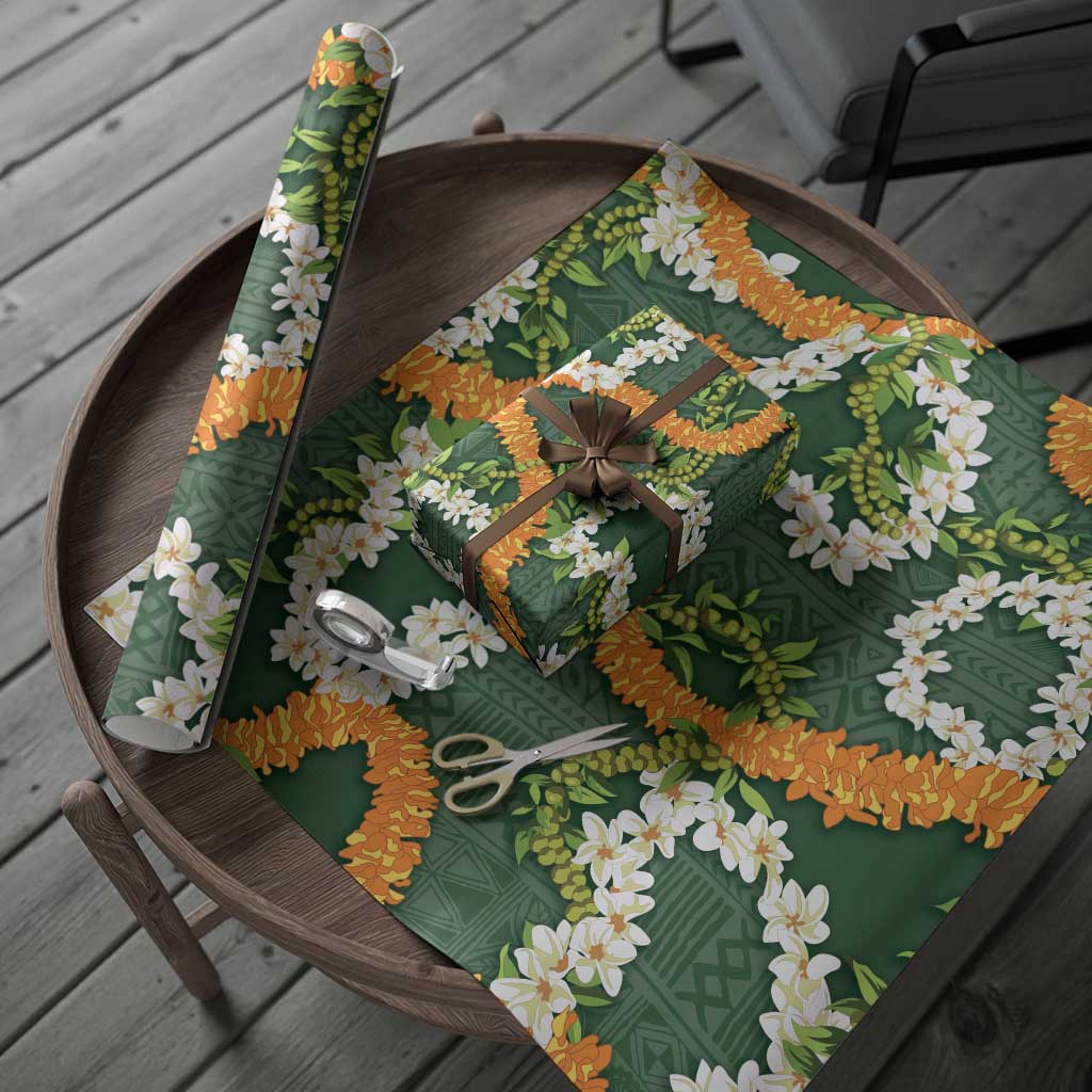 Aloha Festive Hawaii Wrapping Paper Mokihana - Maile and Ilima on Forest Green LT7 - Polynesian Pride