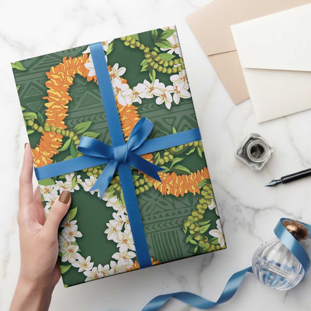 Aloha Festive Hawaii Wrapping Paper Mokihana - Maile and Ilima on Forest Green LT7 - Polynesian Pride