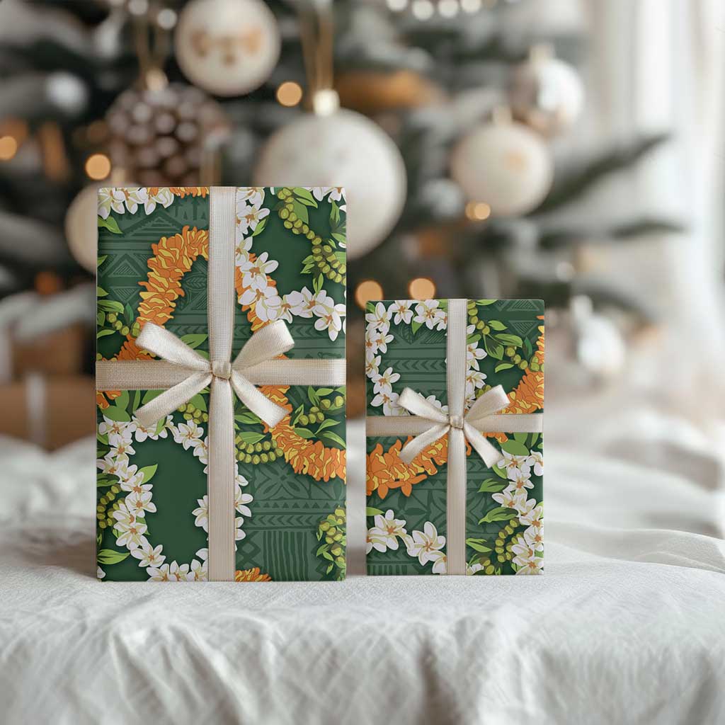 Aloha Festive Hawaii Wrapping Paper Mokihana - Maile and Ilima on Forest Green LT7 - Polynesian Pride