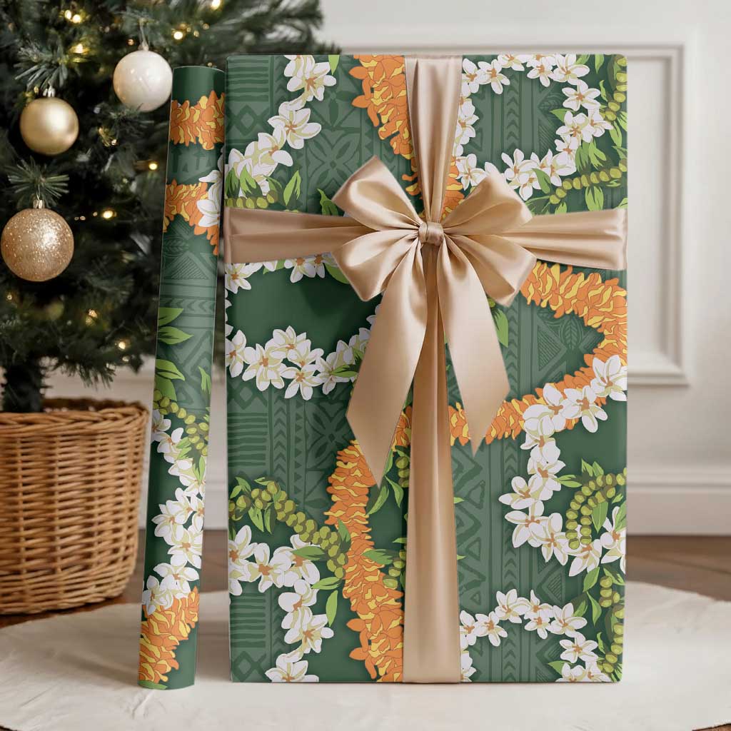 Aloha Festive Hawaii Wrapping Paper Mokihana - Maile and Ilima on Forest Green LT7 - Polynesian Pride