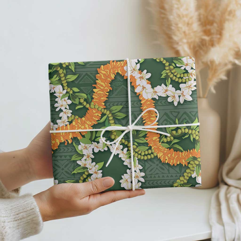 Aloha Festive Hawaii Wrapping Paper Mokihana - Maile and Ilima on Forest Green LT7 - Polynesian Pride