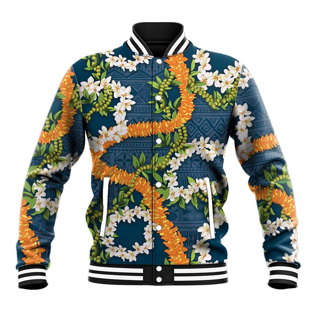 Aloha Festive Hawaii Baseball Jacket Mokihana - Maile and Ilima on Navy Blue - Polynesian Pride