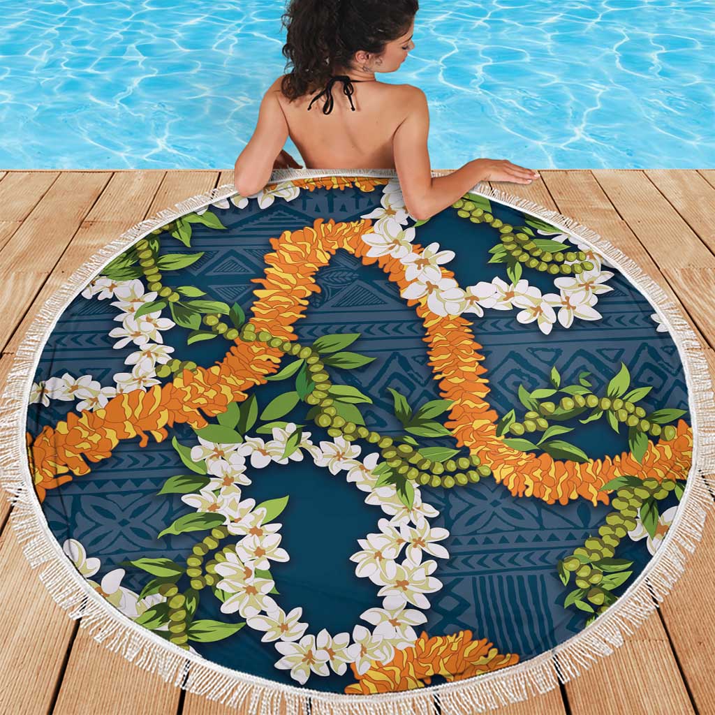 Aloha Festive Hawaii Beach Blanket Mokihana - Maile and Ilima on Navy Blue - Polynesian Pride