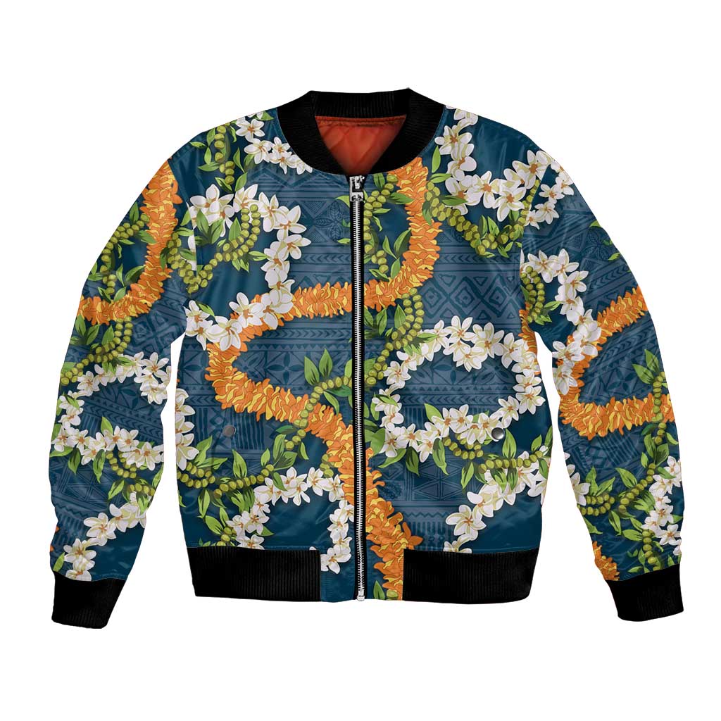 Aloha Festive Hawaii Bomber Jacket Mokihana - Maile and Ilima on Navy Blue - Polynesian Pride