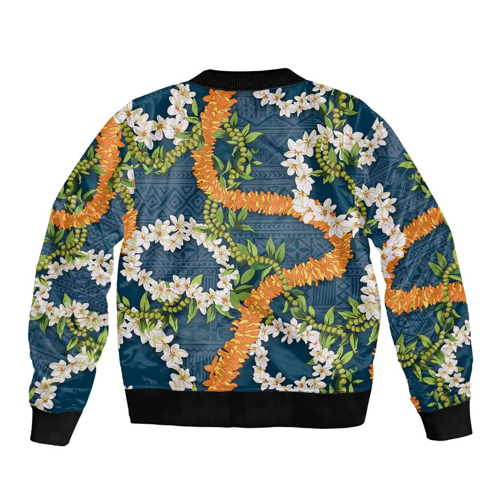 Aloha Festive Hawaii Bomber Jacket Mokihana - Maile and Ilima on Navy Blue - Polynesian Pride