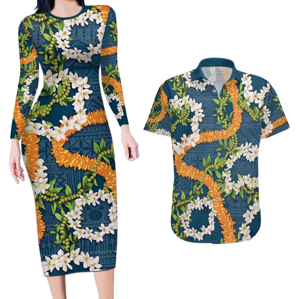 Aloha Festive Hawaii Couples Matching Long Sleeve Bodycon Dress and Hawaiian Shirt Mokihana - Maile and Ilima on Navy Blue - Polynesian Pride