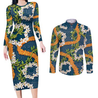 Aloha Festive Hawaii Couples Matching Long Sleeve Bodycon Dress and Long Sleeve Button Shirt Mokihana - Maile and Ilima on Navy Blue - Polynesian Pride