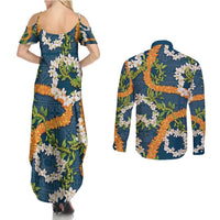 Aloha Festive Hawaii Couples Matching Summer Maxi Dress and Long Sleeve Button Shirt Mokihana - Maile and Ilima on Navy Blue - Polynesian Pride