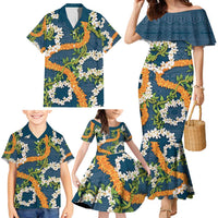Aloha Festive Hawaii Family Matching Mermaid Dress and Hawaiian Shirt Mokihana - Maile and Ilima on Navy Blue - Polynesian Pride