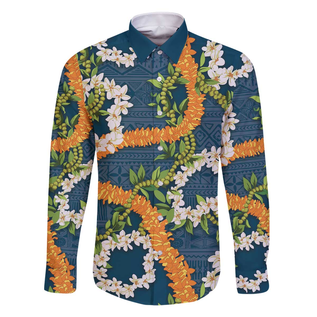 Aloha Festive Hawaii Family Matching Off The Shoulder Long Sleeve Dress and Hawaiian Shirt Mokihana - Maile and Ilima on Navy Blue - Polynesian Pride