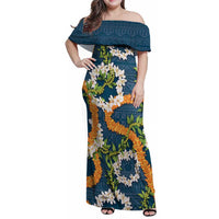 Aloha Festive Hawaii Family Matching Off Shoulder Maxi Dress and Hawaiian Shirt Mokihana - Maile and Ilima on Navy Blue - Polynesian Pride