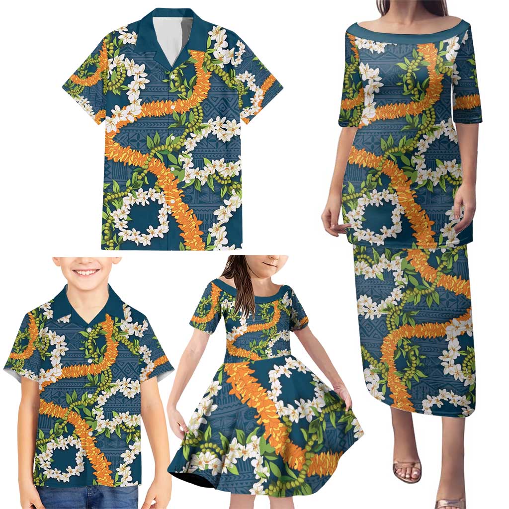 Aloha Festive Hawaii Family Matching Puletasi and Hawaiian Shirt Mokihana - Maile and Ilima on Navy Blue - Polynesian Pride