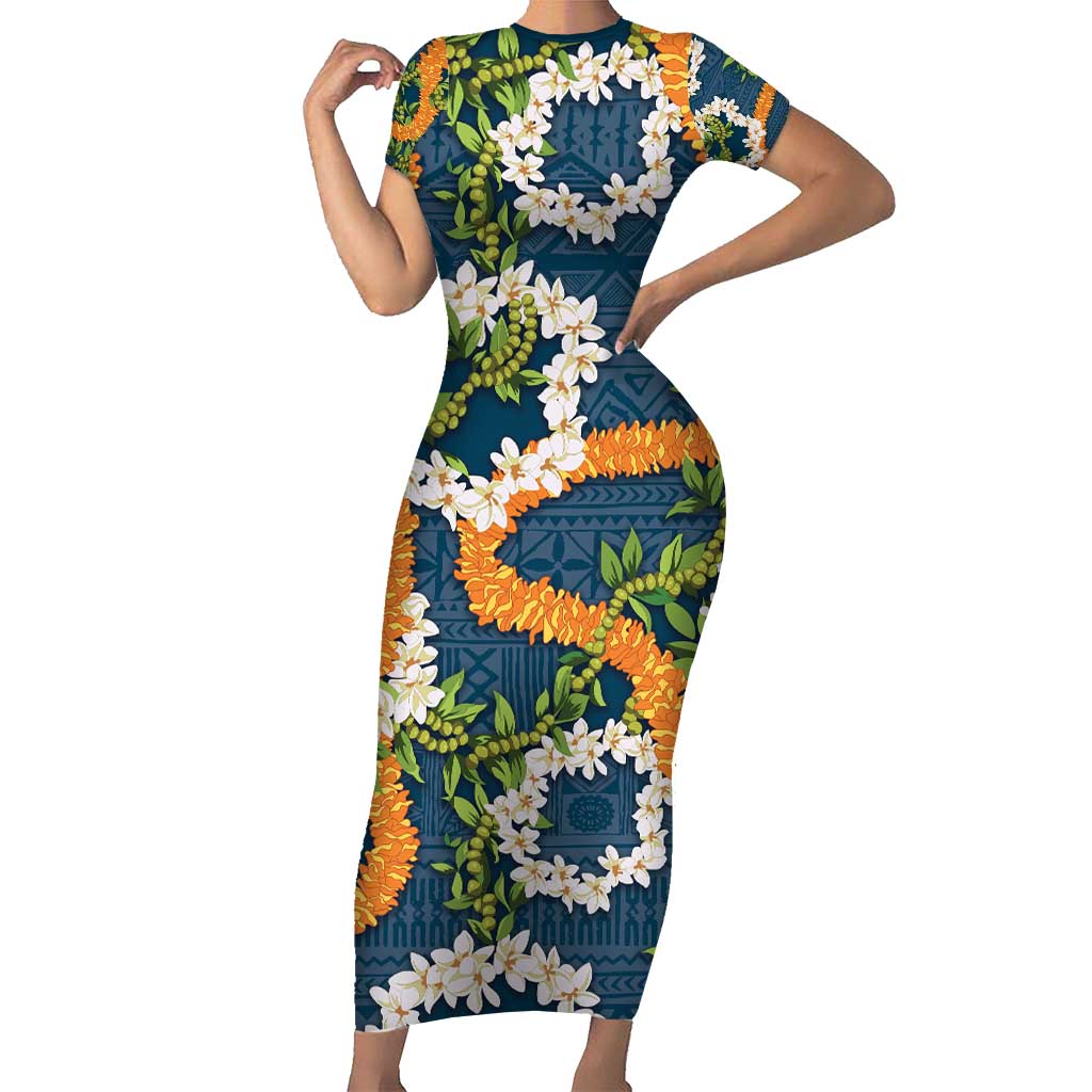 Aloha Festive Hawaii Family Matching Short Sleeve Bodycon Dress and Hawaiian Shirt Mokihana - Maile and Ilima on Navy Blue - Polynesian Pride