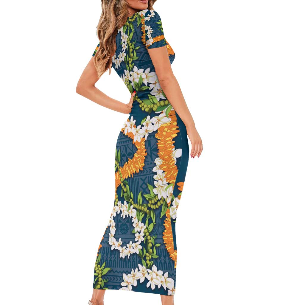 Aloha Festive Hawaii Family Matching Short Sleeve Bodycon Dress and Hawaiian Shirt Mokihana - Maile and Ilima on Navy Blue - Polynesian Pride