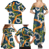 Aloha Festive Hawaii Family Matching Summer Maxi Dress and Hawaiian Shirt Mokihana - Maile and Ilima on Navy Blue - Polynesian Pride