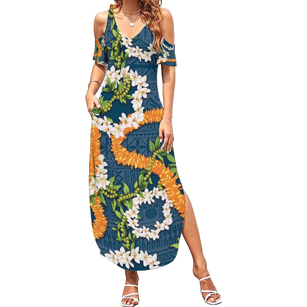 Aloha Festive Hawaii Family Matching Summer Maxi Dress and Hawaiian Shirt Mokihana - Maile and Ilima on Navy Blue - Polynesian Pride
