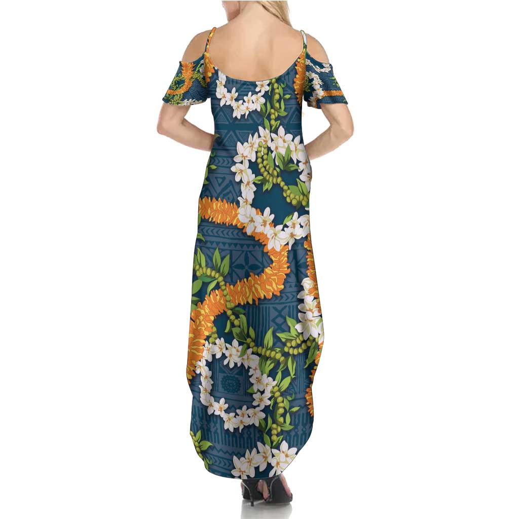 Aloha Festive Hawaii Family Matching Summer Maxi Dress and Hawaiian Shirt Mokihana - Maile and Ilima on Navy Blue - Polynesian Pride
