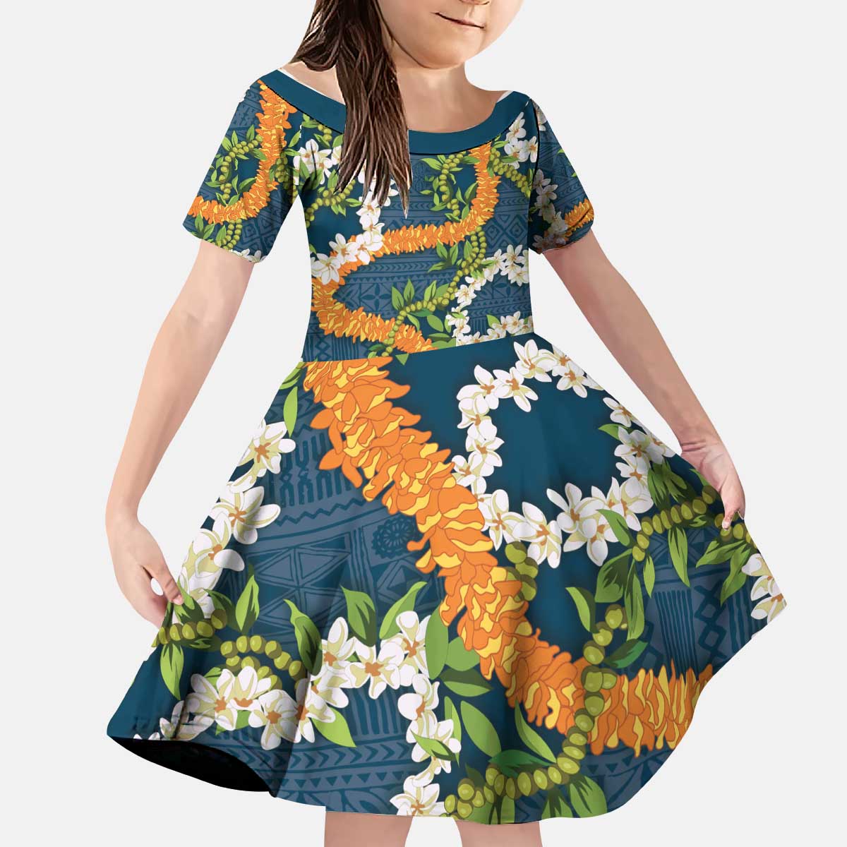 Aloha Festive Hawaii Kid Short Sleeve Dress Mokihana - Maile and Ilima on Navy Blue - Polynesian Pride