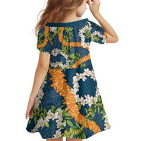 Aloha Festive Hawaii Kid Short Sleeve Dress Mokihana - Maile and Ilima on Navy Blue - Polynesian Pride