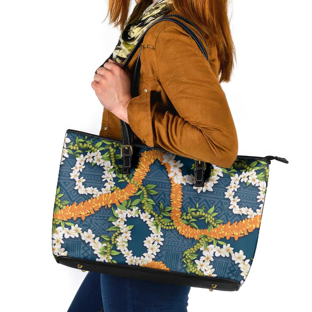 Aloha Festive Hawaii Leather Tote Bag Mokihana - Maile and Ilima on Navy Blue - Polynesian Pride