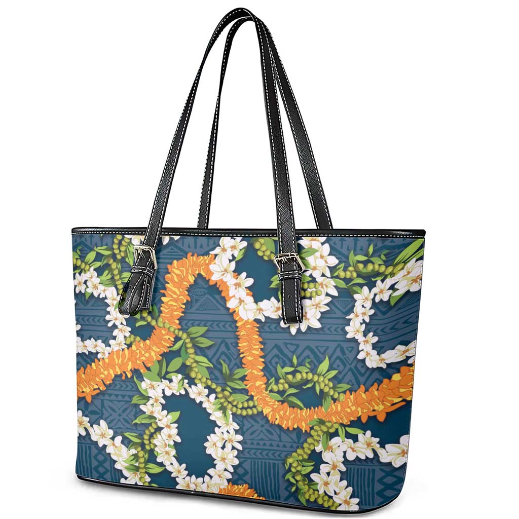 Aloha Festive Hawaii Leather Tote Bag Mokihana - Maile and Ilima on Navy Blue - Polynesian Pride
