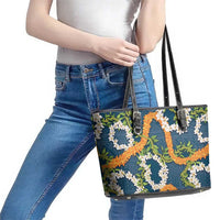 Aloha Festive Hawaii Leather Tote Bag Mokihana - Maile and Ilima on Navy Blue - Polynesian Pride